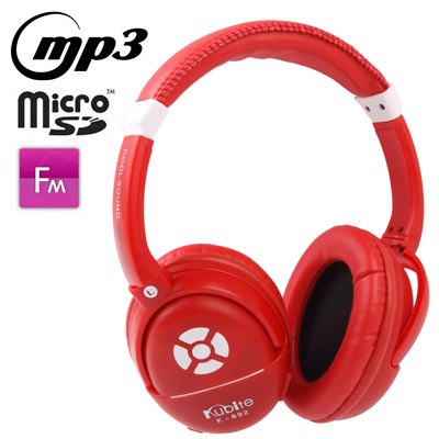 Kubite K-892 Red, Digital Music Headphone with FM Radio & Line Control / Microphone, Support Micro SD Card and Line In